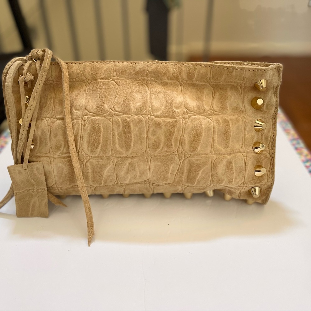 Linea Pelle Designer Clutch Tan Suede Leather Animal Print Gold Studs Lined